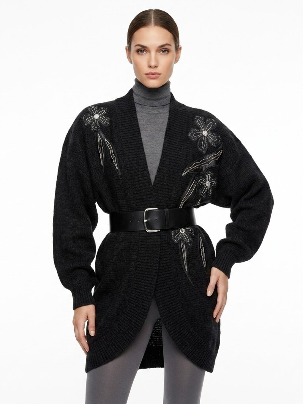Vintage 80s Black Mohair Sweater Coat Cardigan w Floral Appliqués sm/m